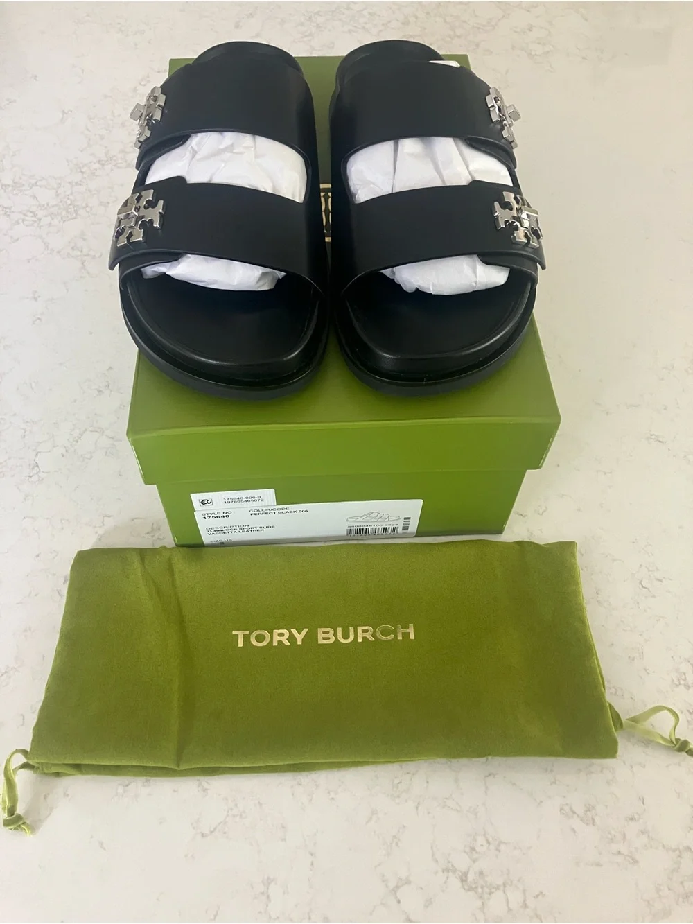 Tory Burch Black Leather Double-Strap Logo Slide Sandals